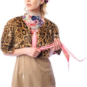 Aratta Leopard-Print Faux Fur Cropped Cape in Brown and Black